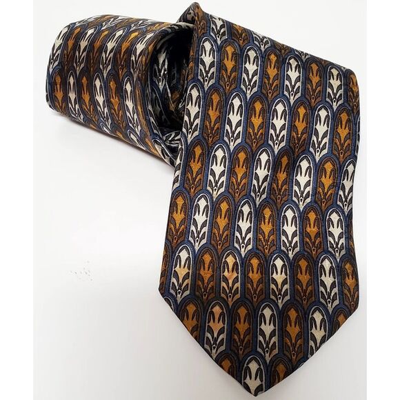 BACI Italy Necktie 100% Silk Feather Medallion Print Taupe/Gold/Steel Blue Tie - Picture 3 of 12